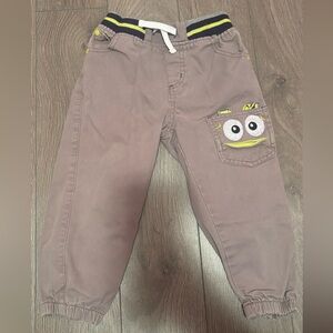 Kids Taupe Drawstring Pants with Pocket Monster Accent